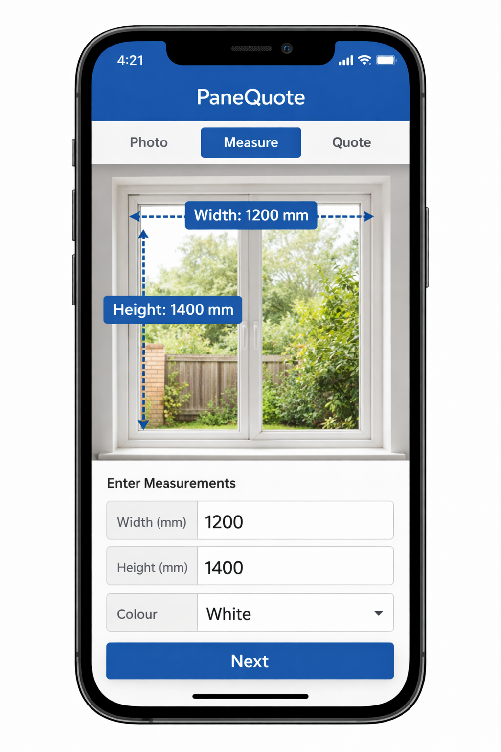 Screenshot of the window sizing app interface with color and size options
